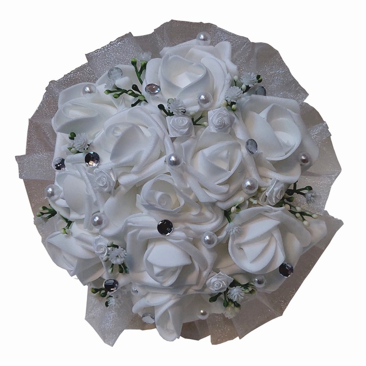 Buchet pentru Cununia Civila cu 11 Trandafiri din Latex, mari, Albi, imbracat in organza Alba