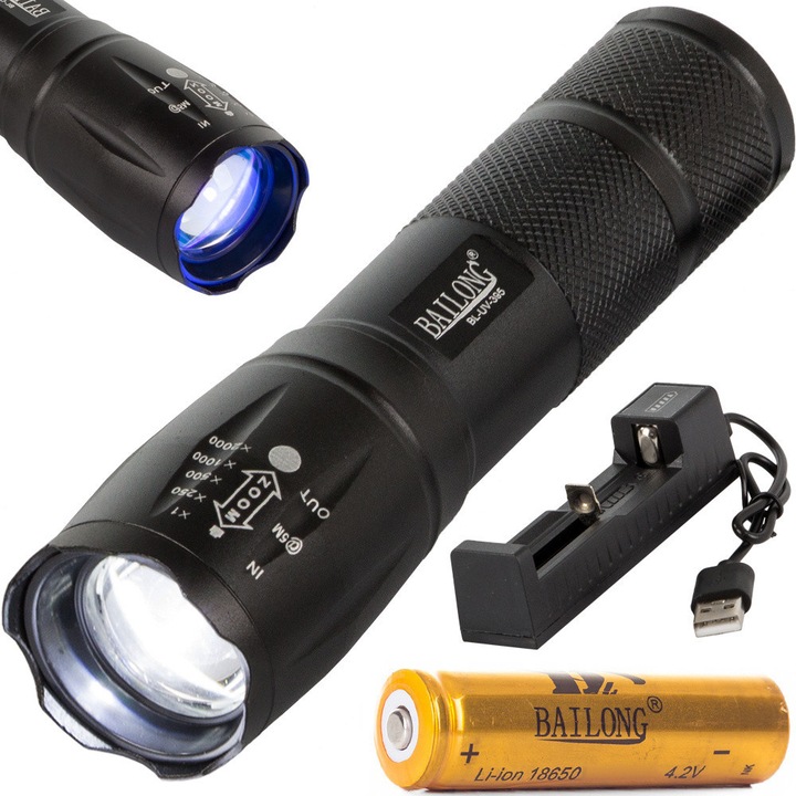 Bailong BL-UV-395 taktikai zseblámpa UV funkcióval és zoommal