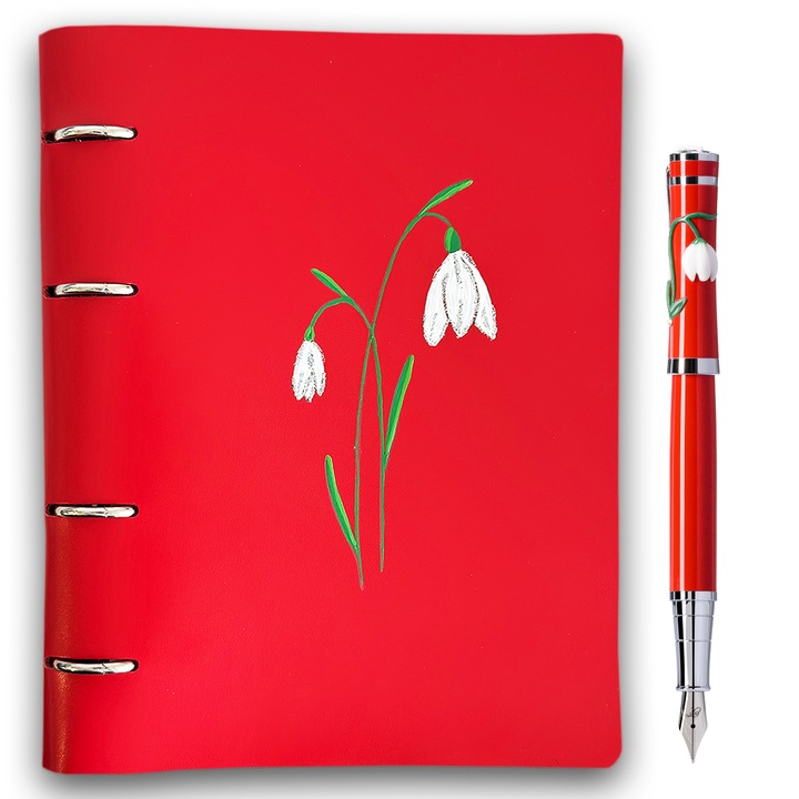 Set Agenda si Stilou Ghiocel, Piele Naturala, Hartie Ivory Premium 80g, Liniar, Penita M, scris mediu