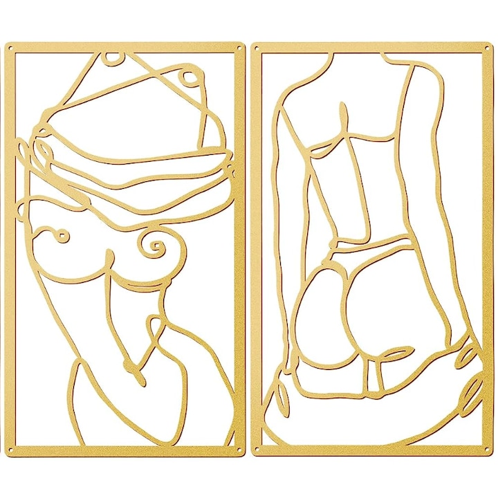 Комплект от 2 3D картини за стена Gold Woman, декоративни елементи с женски линии, абстрактно изкуство, декорация в минималистичен стил, 43x23 см, метал, злато