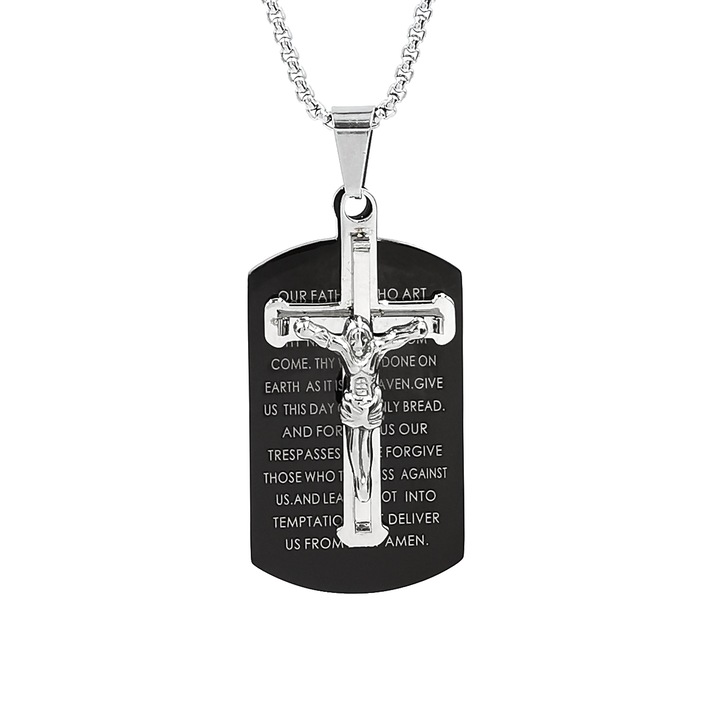 Lant inox cu pandantiv Dog Tag Tatal Nostru si Cruciulita Isus Hristos, Negru/Argintiu