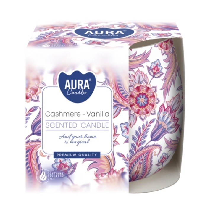 Свещ в стъкло с принт, Bispol, аромат на кашмир и ванилия, 20 часа