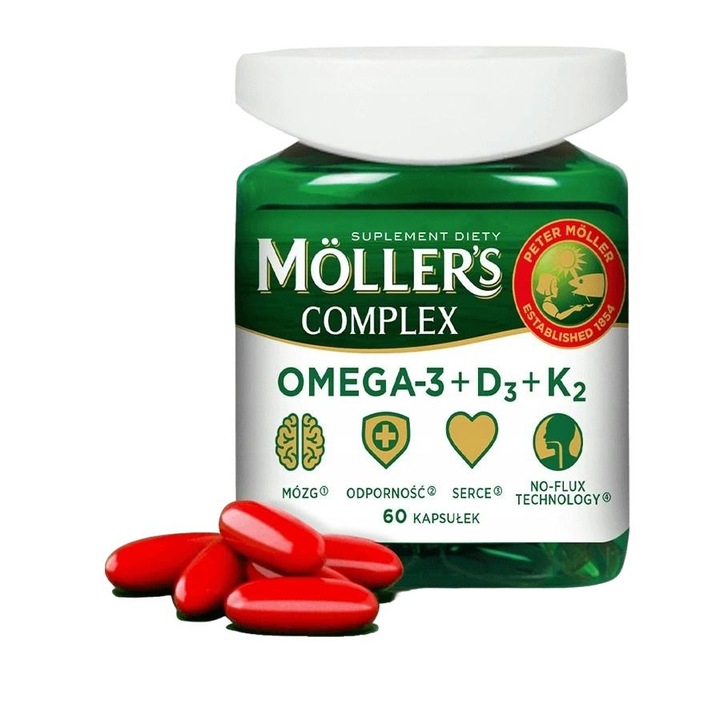 Supliment alimentar cu Omega-3, D3 si K2, Moller's, 60 capsule