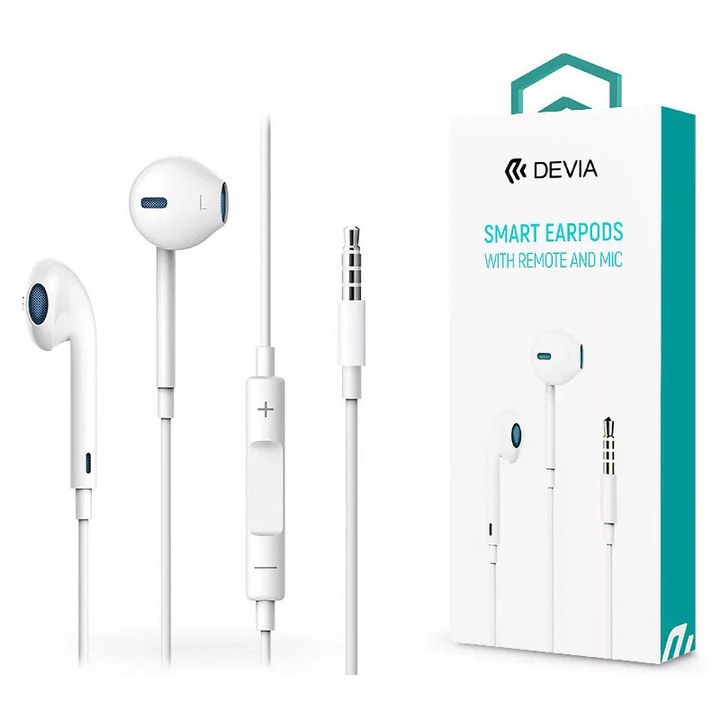Casti cu fir, Devia Smart EarPods, Mufa de 3,5 mm, Alb