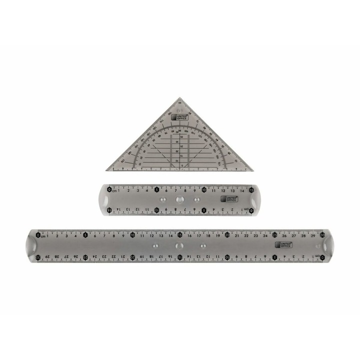 Set de geometrie United Office, flexibil, plastic, 3 piese, echer, rigla 15cm, rigla 30cm gri