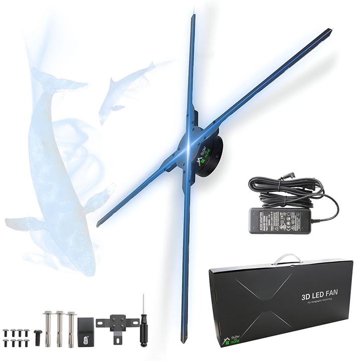 Дисплейна система с 3D холограмен проектор с 672 LED диода за реклами, GlowforHome, настройка на яркостта, Bluetooth, WiFi, управление от приложения, дистанционно управление, тип вентилатор, 4x блейдове, HD, зареждане на SD карта, 56 см, черен