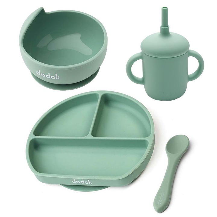 Diverzifikációs készlet szilikon tállal, tányérral, kanállal és csészével babáknak és gyerekeknek, Dodoli, Ciánzöld