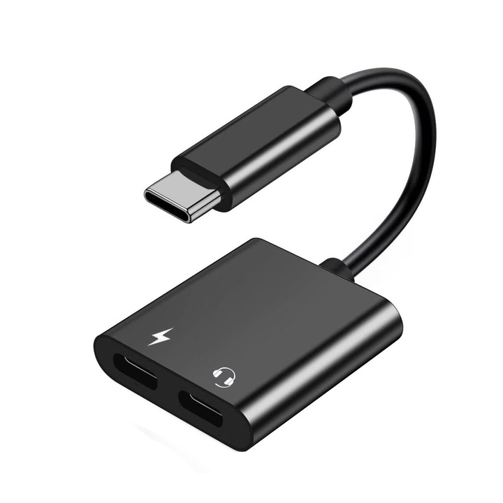 Адаптер за аудио и едновременно зареждане 2 в 1 с щепсел за зареждане Type-C и Aux 3,5 mm жак за свързване към щепсел Type-C, enkourakoko®, малък и преносим, ултра високо качество, Plug and Play, универсален, черен