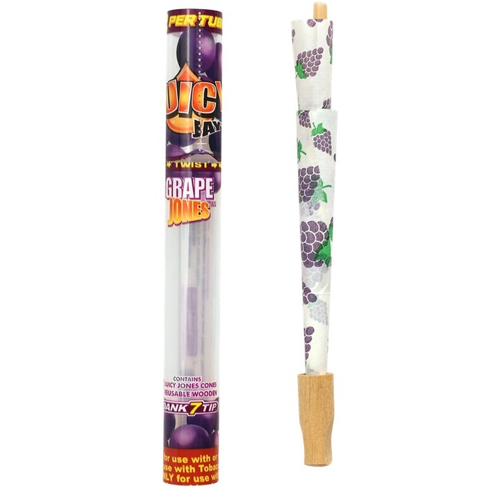 Conuri pre-rulate din canepa Juicy Jay's Jones, aroma Grapes - Struguri, 2 conuri in tub de pastrare, lungime 90mm, cu mustiuc de lemn