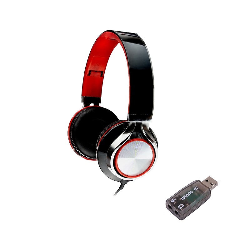 Casti Spacer, cu fir, standard, utilizare multimedia, microfon pe fir, pliabile, banda ajustabila, conectare prin adaptor USB 2.0 sau Jack 3.5 mm x 2, rosu&negru, „SPHS-SILVER-USB"