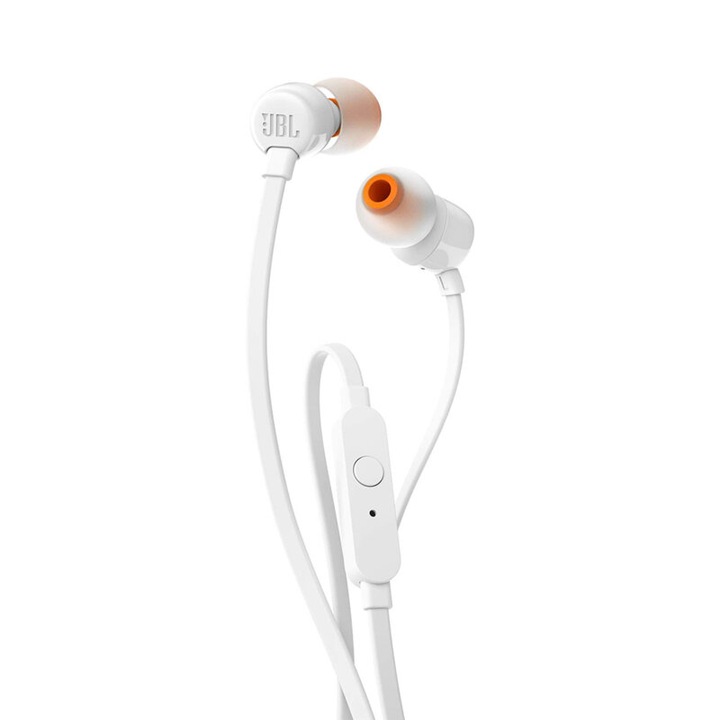 Casti audio cu fir, In Ear, T110, Pure Bass, conector Jack 3.5mm, buton control volum si apeluri, 1.2m lungime cablu, Alb