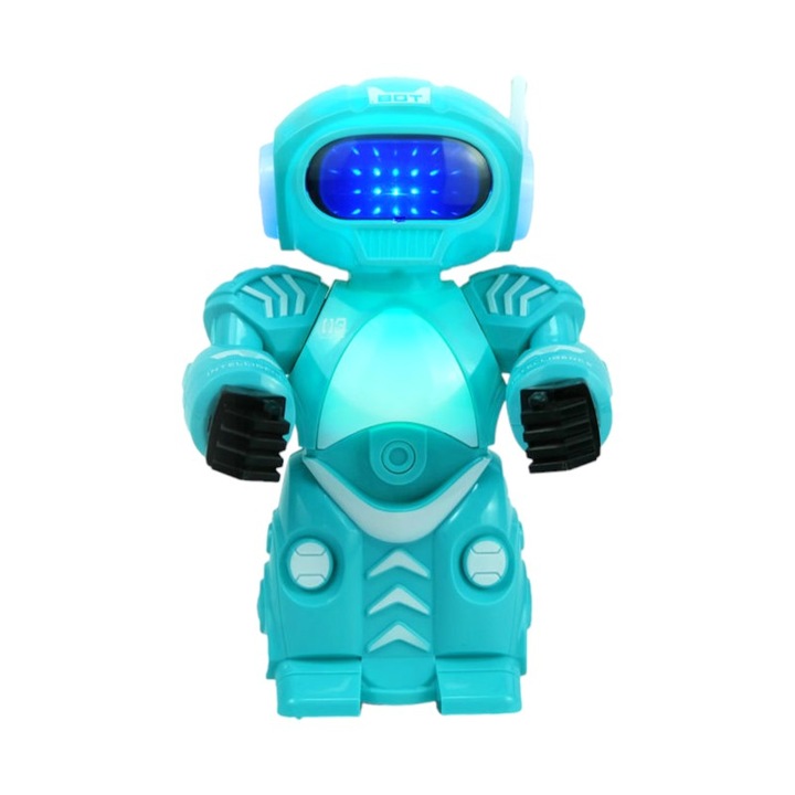 Jucarie Robot dansator cu lumini si sunet, sincronizare miscari mana si picior, rotire la 360°, plastic, culoare albastru, dimensiune 12x8x19 cm
