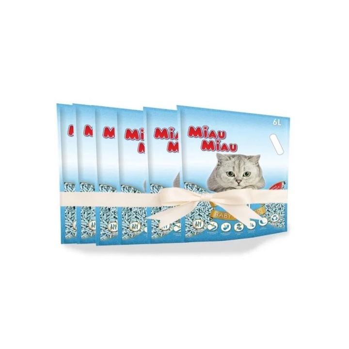 Set 6 Buc X Asternut Igienic Pentru Pisici Miau Miau, Tofu Baby Powder, 6L