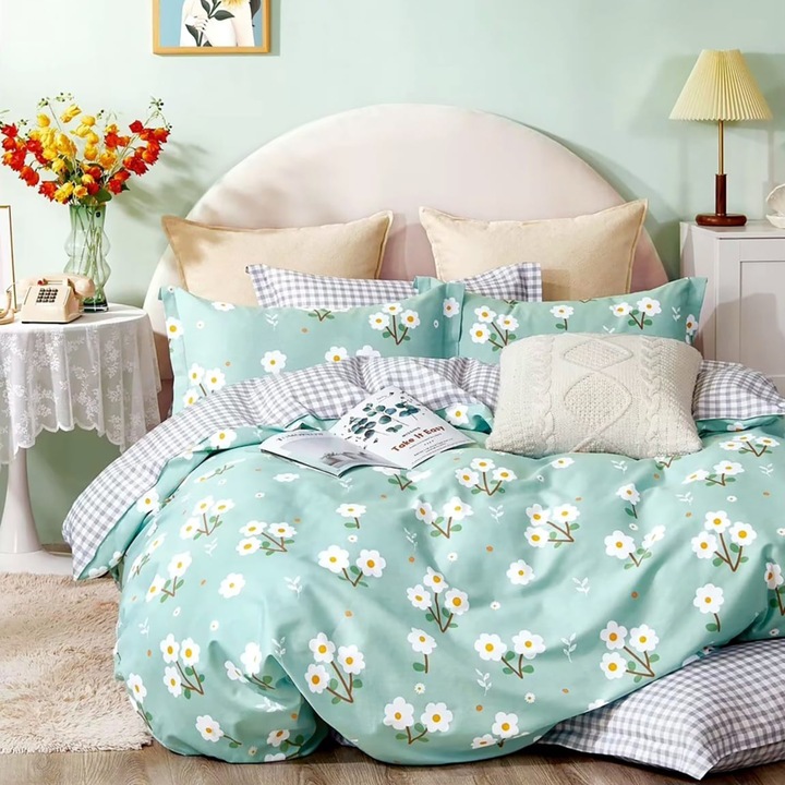 Спално бельо за един човек Перкал щампован памук 100% 3 части чаршаф 160x240 см, юрган 150x220 см, калъфка за възглавница 50x70 см, цветя зелено / сиво, Pucioasa