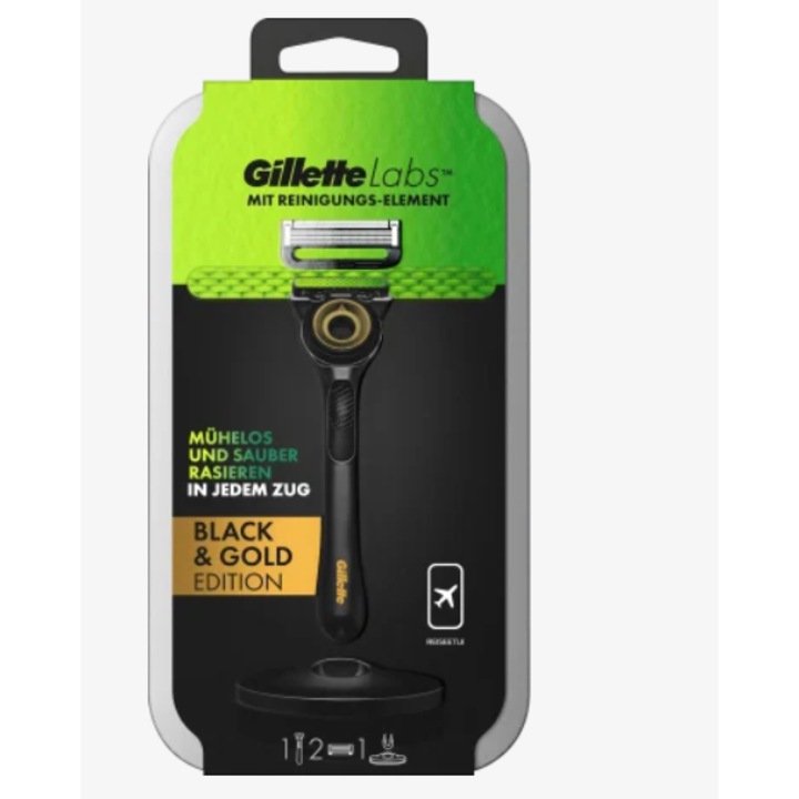 Aparat de ras Gillette Labs Black & Gold, 1 rezerva, suport magnetic, include si cutie calatorie