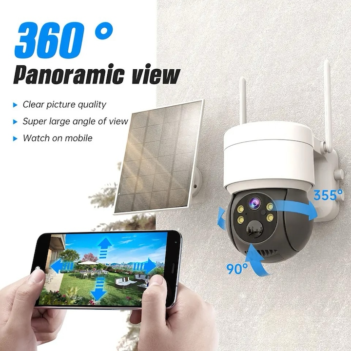 WIFI Megfigyelő Kamera, Napelemes Töltés, Kültéri/Bejárati, PTZ 360°, 1080P, Full HD, Színes éjszakai Látás, Fény/Sötét Riasztás, PIR Mozgásérzékelés, Vízálló IP66, Kettős Tárolás, APP Támogatás, Fehér, MeK Fine