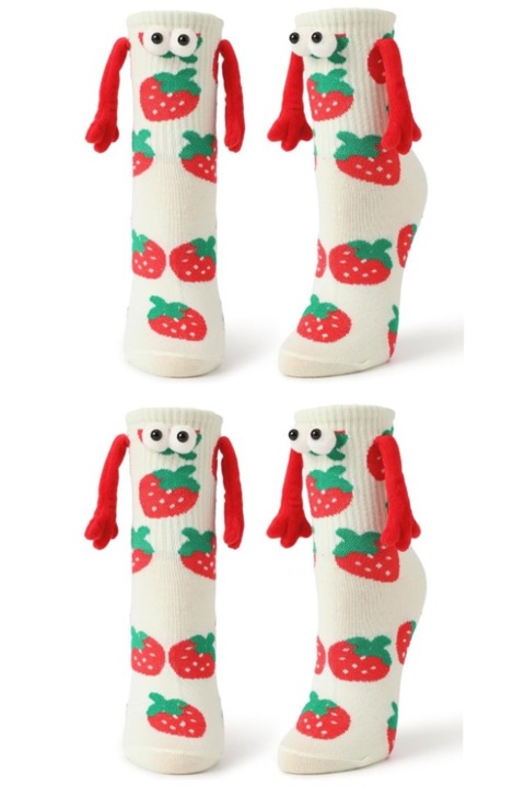 Set 2 sosete magnetice cu capsune care se tin de mana cu ochi de plus, Bumbac, Lungime medie, Marime 36-40, Albe