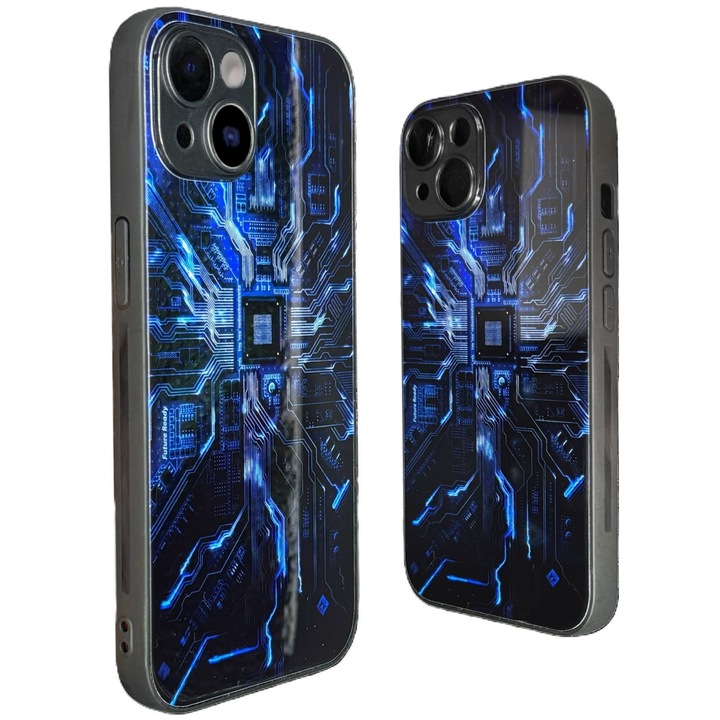 Husa din sticla securizata cu model tip circuit, albastra, Compatibila iPhone 13