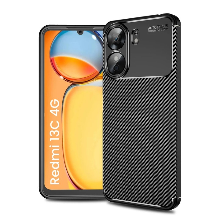 Гъвкав антиударен карбонов калъф Daden® за Xiaomi Redmi 13c, защита на камерата, тънък, хибриден антиударен, черен
