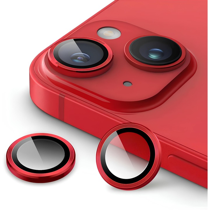Защитен протектор за камера за iPhone 14 / 14 Plus, закалено стъкло, алуминий, 2 броя, ултратънко, твърдост 9H, против надраскване, против пръстови отпечатъци, против удар, червено