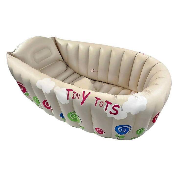 Надуваема вана с противоплъзгаща опора и температурен индикатор за бебета, ClickDeal®, бежов