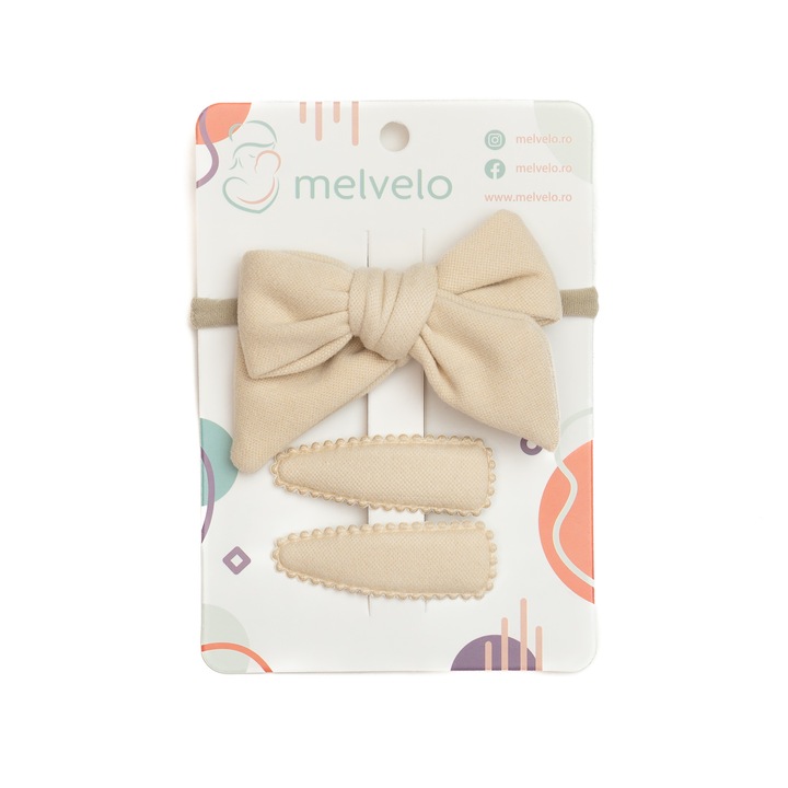 Set 2 agrafe de par si 1 bentita cu funda, bebe, casmir, Melvelo - Beige