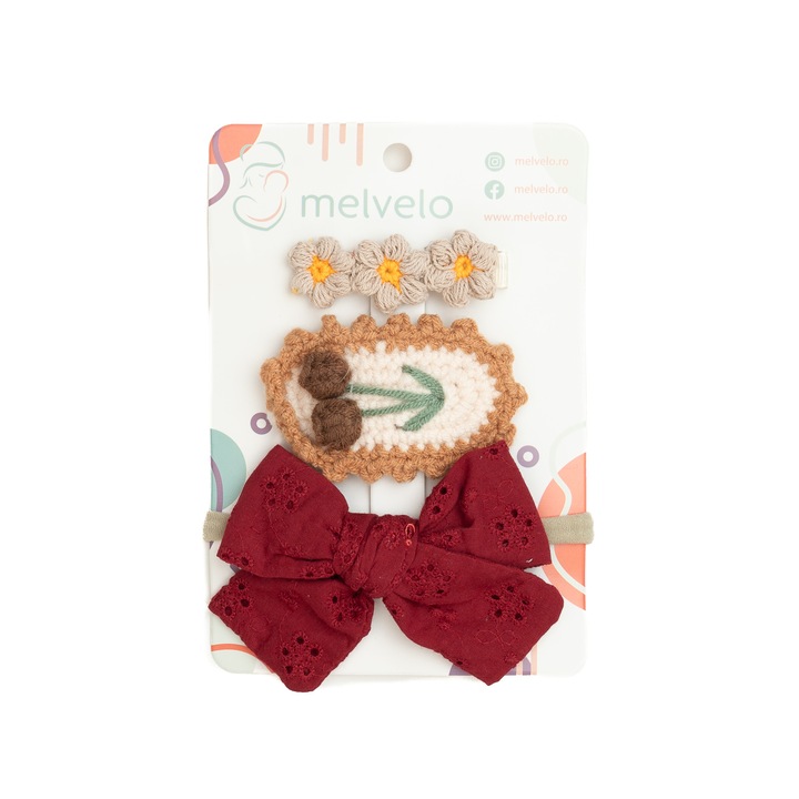 Set 2 agrafe de par handmade si 1 bentita cu funda, bebe, bumbac, Melvelo - Ruby