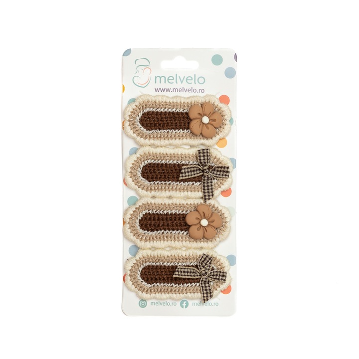 Set 4 agrafe handmade, pentru par cu funda si flori, bebe, Melvelo - Caramel