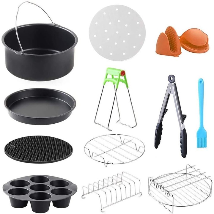 Комплект от 12 аксесоара за фритюрник, съвместим с модели 3,3 литра Airfryer, с форми за торта, тава за пица, тава за печене, скара, шпатула, щипка и силиконова защита, универсален