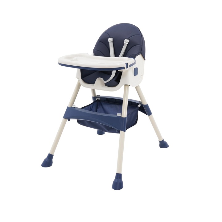 Детски стол BebeBlessed, възраст 6-72 месеца, регулируем, сгъваем, многофункционален и стабилен, колелца, 5-точков предпазен колан, регулируем по височина, устойчив на мръсотия, кош за съхранение, крачета против хлъзгане, модерен дизайн, син