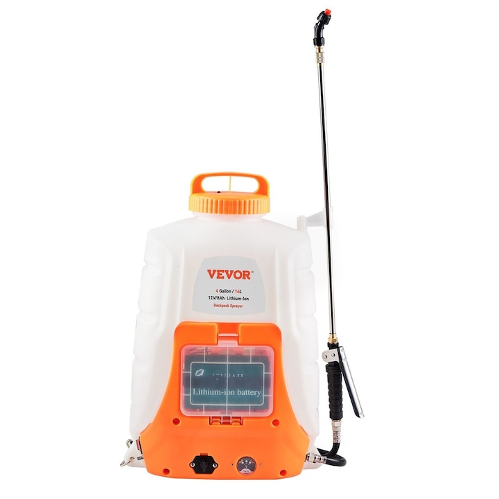 Permetező akkumulátorral, Vevor 12 V / 8 Ah Lithium-Ion, űrtartalom 15 l, 8 fúvóka, 2 pálca, hátizsák típusú, Áramlási sebesség 4,1 l/perc