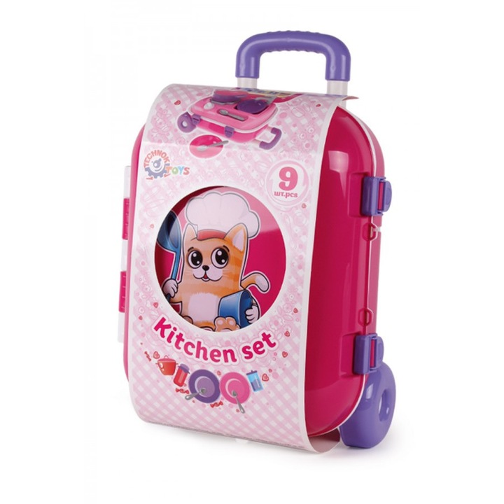 Set mini bucatarie in troliu roz TechnoK, cu accesorii