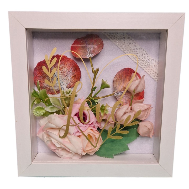Tablou 3D cu Flori Artificiale 20x20x5 cm, rama alba, handmade