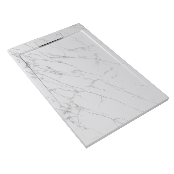 Cadita de dus erika din marmura compozit, dimensiuni 120/90/3.5cm, scurgere ascunsa, alba
