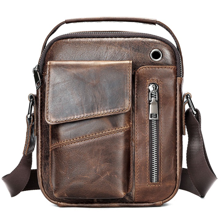Férfi táska, természetes bőr, BUSY LDY & GTM, prémium, váll, gyors okostelefon zseb, fülhallgató nyílás, kávé