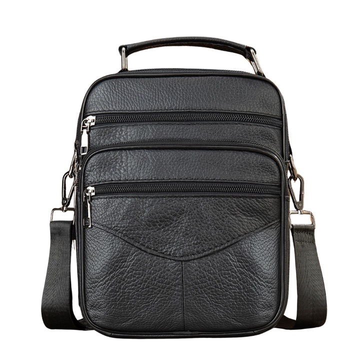 Férfi táska, természetes bőr, BUSY LDY & GTM, több rekeszes, váll, fekete