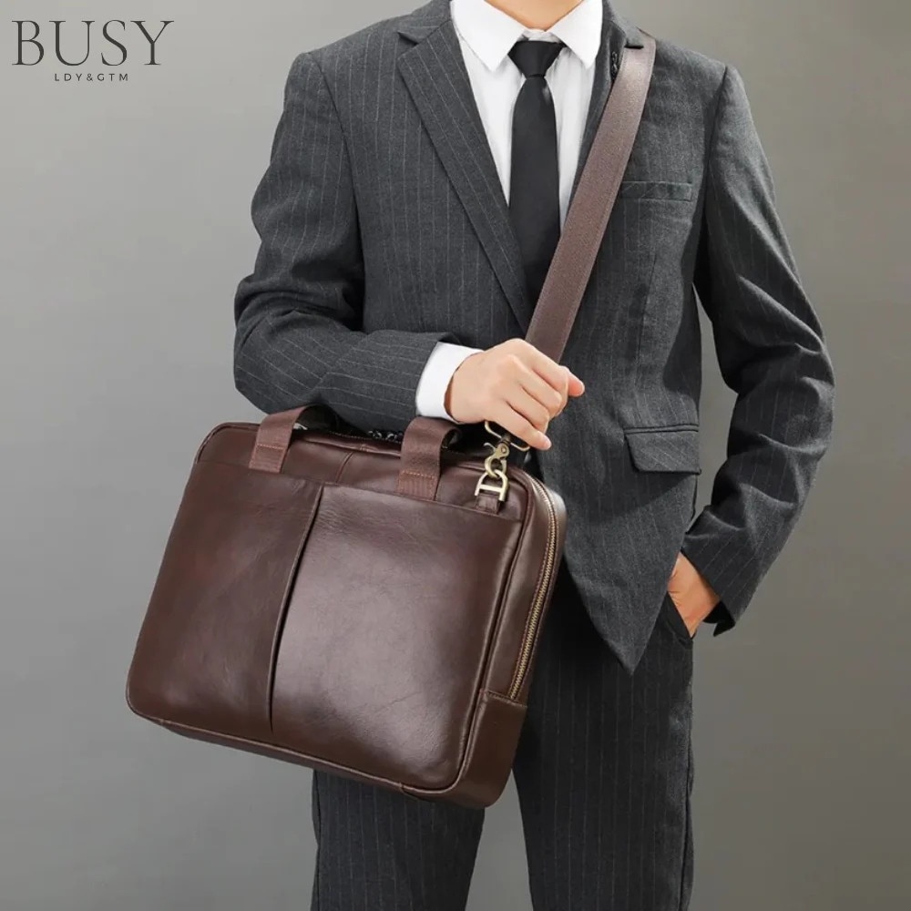 Geanta laptop piele naturala, de umar, BUSY LDY & GTM, premium, servieta, multiple compartimente, coffee