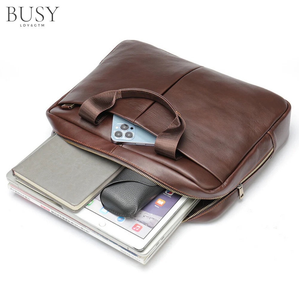 Geanta laptop piele naturala, de umar, BUSY LDY & GTM, premium, servieta, multiple compartimente, coffee