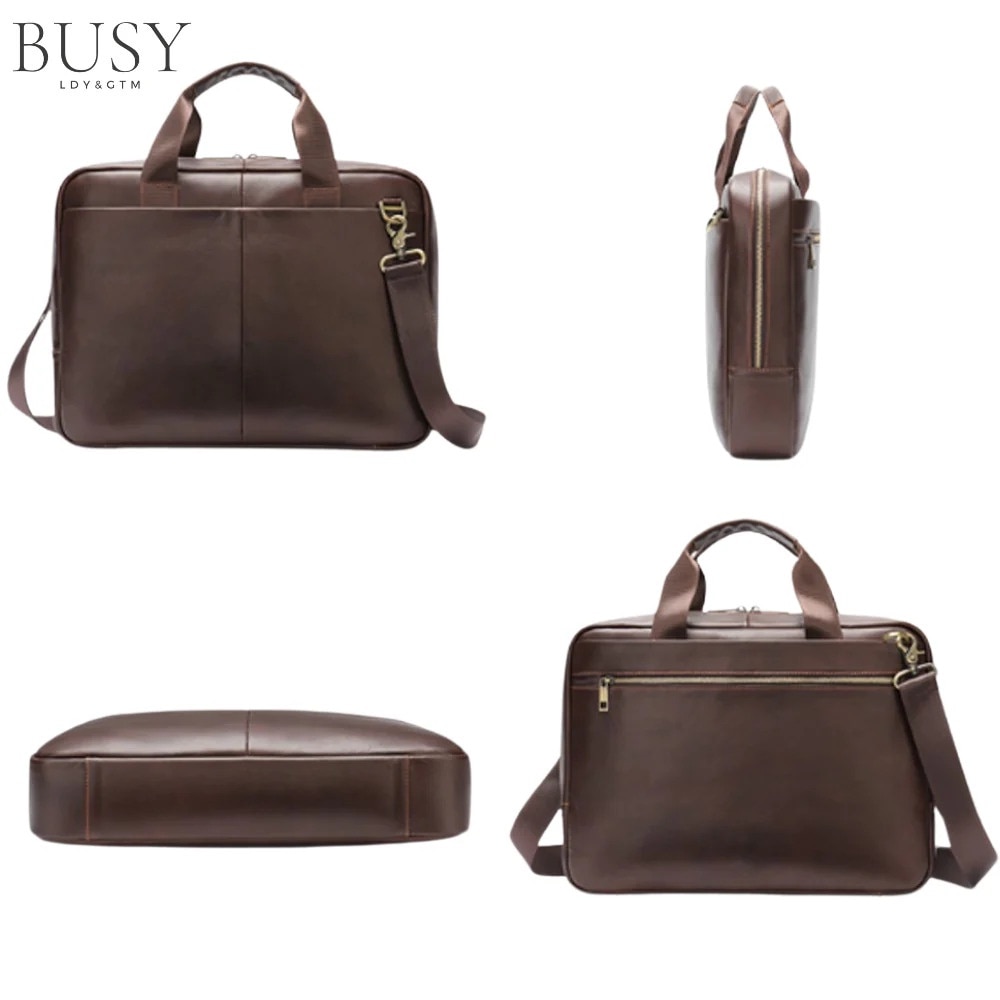 Geanta laptop piele naturala, de umar, BUSY LDY & GTM, premium, servieta, multiple compartimente, coffee