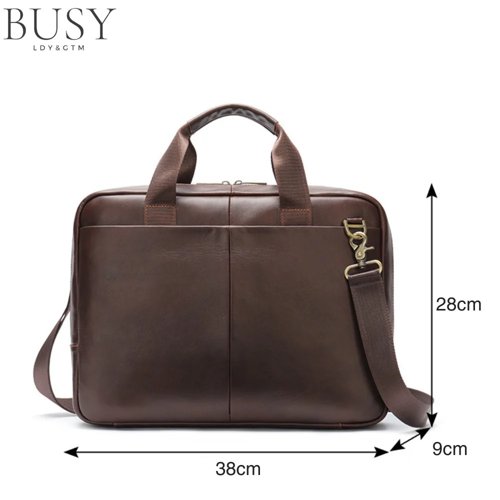 Geanta laptop piele naturala, de umar, BUSY LDY & GTM, premium, servieta, multiple compartimente, coffee