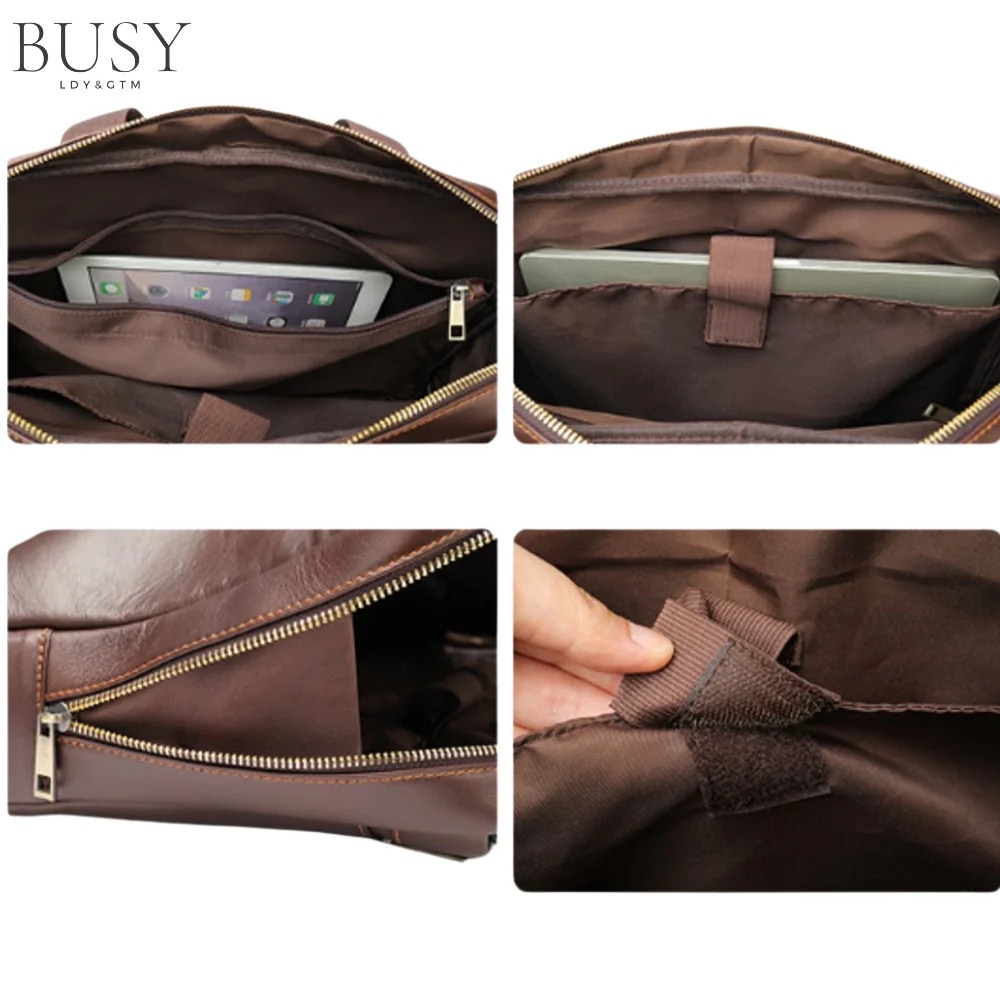 Geanta laptop piele naturala, de umar, BUSY LDY & GTM, premium, servieta, multiple compartimente, coffee
