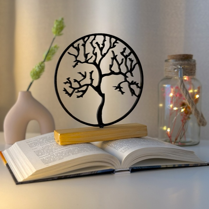 Decoratiune Casa, Copacul Vietii – DECORADI®, Eco-friendly, Baza din Lemn Natural, Design Abstract, Negru 21cm – Cadou sau Decoratiune de interior cu design modern, Printat 3D din PLA Eco (plastic biodegradabil)