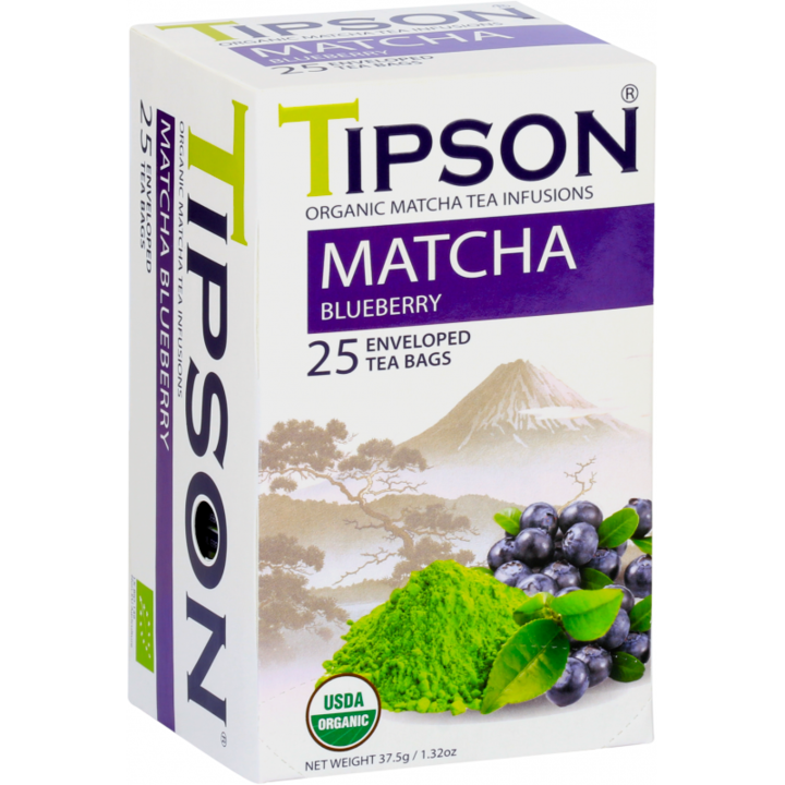 Ceai Matcha organic Blueberry cu ceai verde si afine, fara aditivi, fara coloranti, 25plicuri x 1.5g, Tipson Tea