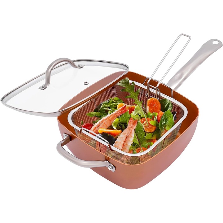 Комплект тиган от 5 части Cneng, 24x24 см, незалепващо покритие, готвене без масло, скара на пара и кошница за фритюрник