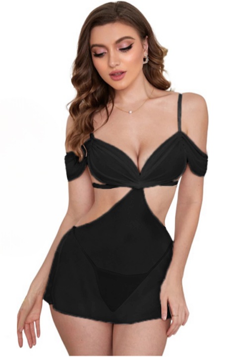 Set lenjerie erotica transparenta, rochita decupata si chiloti tanga TY-S658negru 96674, Negru, One Size