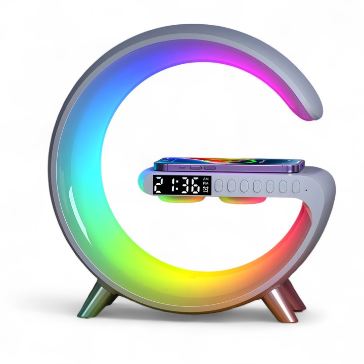 Интелигентна LED RGB лампа, с 15 W безжично зарядно за бързо зареждане, Околна светлина, Дисплей с цифров часовник, Аларма със симулация на изгрев, 3W високоговорители, Bluetooth, Управление чрез приложение, Светло сиво