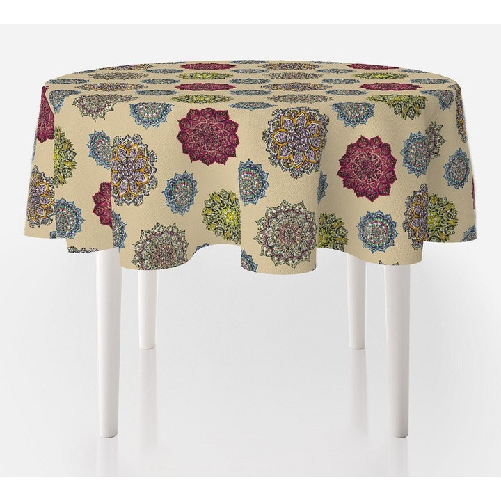 Fata De Masa Rotunda, 140 Cm Diametru, Material Textil 50% Bumbac 50% Poliester, Design Floral Multicolor, Rezistenta Si Lavabila, Ideala Pentru Bucatarie Sau Living