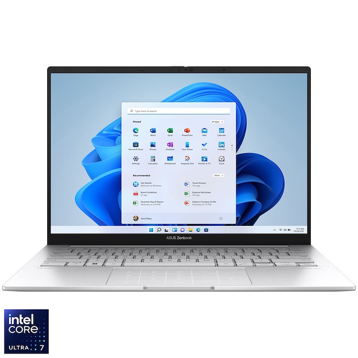 Laptop ASUS Zenbook 14 OLED cu procesor Intel® Core™ Ultra 7 155H pana la 4.8 GHz, 14", 3K, 120Hz, 16GB DDR5, 1 TB SSD, Intel® Arc™ Graphics, Windows 11 Pro, Foggy Silver