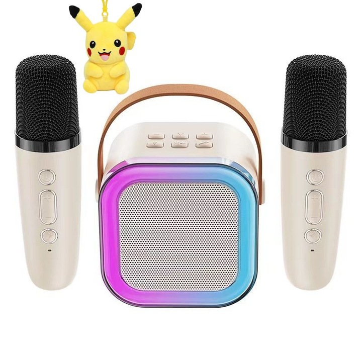 Set 2 Microfoane Karaoke cu boxa portabila OnePepito®, pentru copii, Culori RGB, wireless, bluetooth, efecte vocale, mp3, 1 breloc pokemon plus inclus, Bej