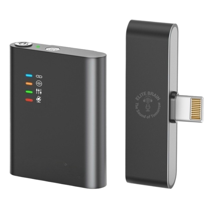 Lavalier EB001 mikrofon, iPhone, Lightning, tiszta hang, környezeti zajcsökkentés, valós idejű beállítások nézet, kis méret, ELITE BRAIN™, matt fekete